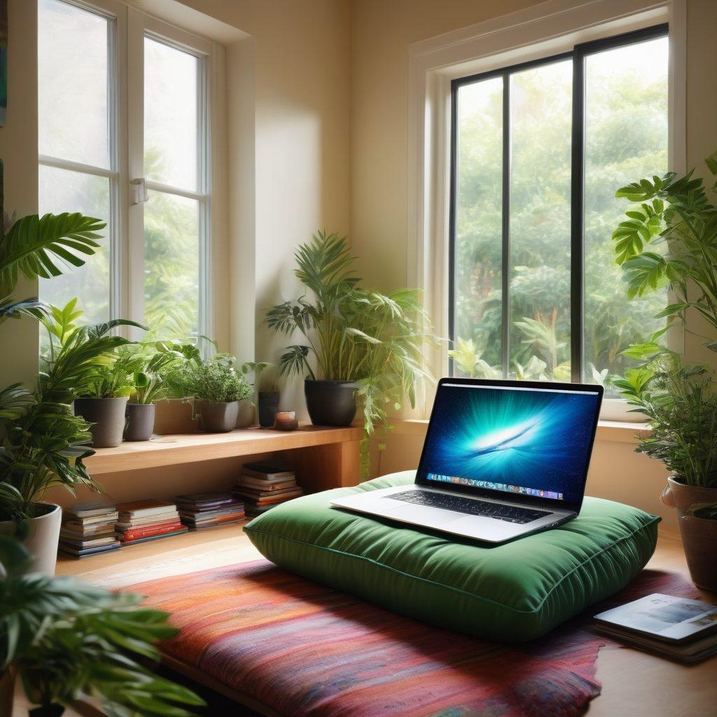 A tranquil workspace filled with colorful tech gadgets, an open laptop displaying creative designs, surrounded by plants and mindfulness elements like a serene meditation cushion. In the background, soft light filters through a window adorned with innovative art. The scene symbolizes the synergy of creativity, mindfulness, and technology. vibrant colors. super-realistic.