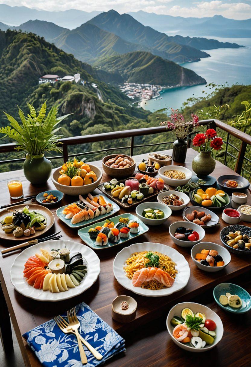 A vibrant table set with an array of colorful dishes reflecting culinary delights from around the world, surrounded by travel mementos like postcards and maps. In the background, a scenic landscape depicting Vadu's travel adventures, blending natural beauty with gourmet cuisine. Emphasize an inviting atmosphere with warm lighting and intricate details. super-realistic. vibrant colors. 3D.