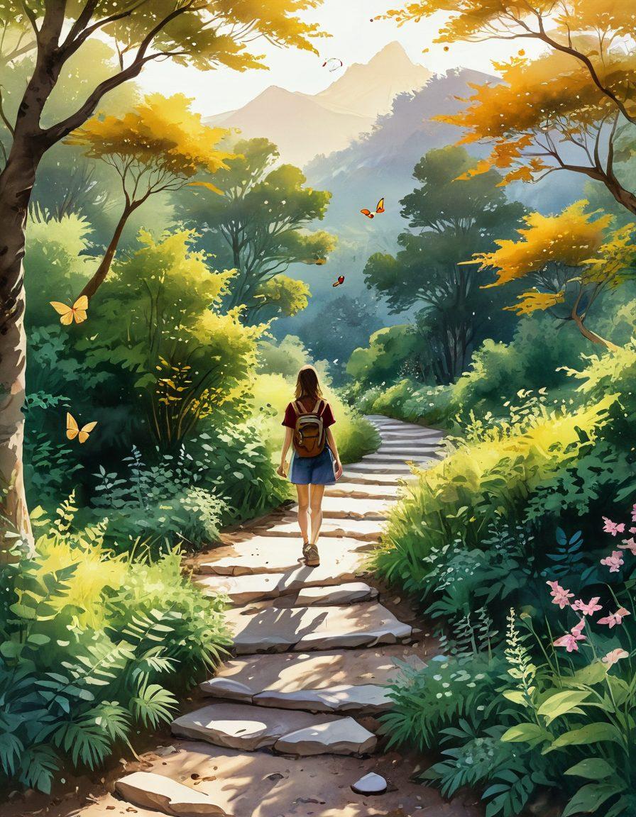 A serene landscape showcasing a traveler on a winding path through lush greenery, symbolizing wellness and adventure. The sun sets in the background, casting warm golden hues, while a digital journal lies open on a nearby stone, filled with sketches and notes. Include elements of nature, like blooming flowers and fluttering butterflies, to enhance the theme of exploration and lifestyle. watercolor painting. vibrant colors.